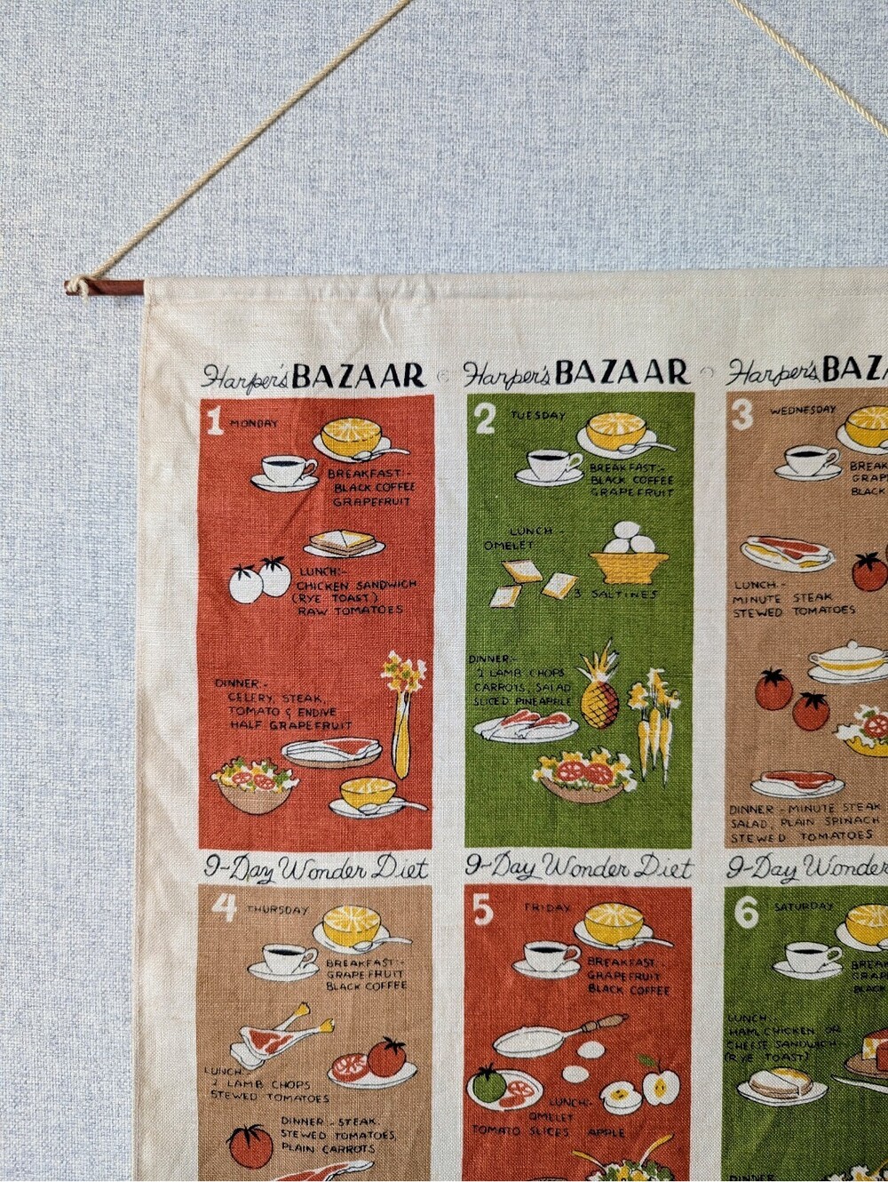 Vintage 1950s Harper's Bazaar 9 Day Wonder Diet tea towel wall hanging
